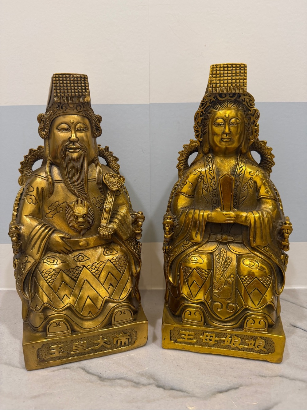 Vintage 10” Chinese Jade Emperor Queen Mother Deity Statue Pair on Dragon Chairs